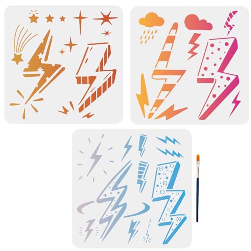 MAYJOYDIY 3 Stück Blitz Schablone Dunkle Wolken Regen Sterne Natur Wetter Sturm Zeichenvorlagen 30 x 30 cm Mit Pinsel Für Wand Holz Glas Stoff Papier von MAYJOYDIY
