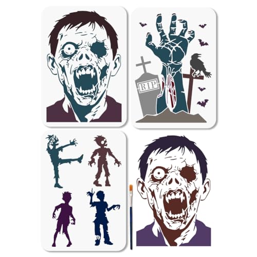 MAYJOYDIY 3 Stück Horror Zombies Grabschablonen Kreuz Fledermaus Und Krähenschablone Zum Malen 29.7×21cm Zeichenvorlagen Mit Pinsel Für Wand Boden Holz Und Papierdekoration Zu Halloween von MAYJOYDIY