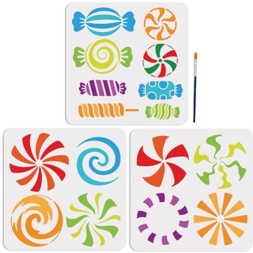 MAYJOYDIY 3 Stück Süßigkeiten Minze Süßigkeiten Lollipop Schablonen 30 x 30 cm 16 Süßigkeiten Muster mit Pinsel Whirlpool Süßigkeiten Schablone DIY Süßigkeiten Handwerk für Geburtstag Weihnachten von MAYJOYDIY