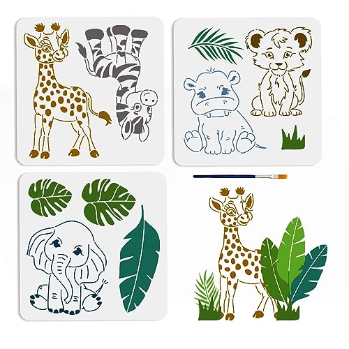 MAYJOYDIY 3 Stück Tierbaby Schablone 30×30cm Giraffe Zebra Löwe Malschablonen Mit Pinsel Wiederverwendbare Elefant Nashorn Vorlage Zum Malen Für Holz Wände Fenster Heimwerker Dekoration von MAYJOYDIY