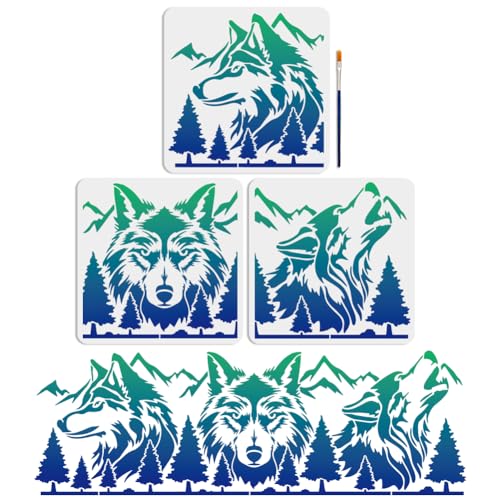 MAYJOYDIY 3 Stück Wolf Bergwald Schablone 30 x 30 cm Spleißen Großer Wald Wildtier Schablonen Mit Pinsel Bergkiefer Zeichenvorlage Für Bastelmöbel Wand von MAYJOYDIY