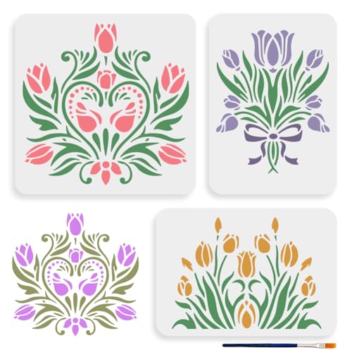 MAYJOYDIY 3 Tulpenschablone Blühende Tulpen Blühende Sträucher Zeichenvorlage 29.7×21/30×30 cm Wiederverwendbar DIY Kunsthandwerk Blumenschablone Mit Pinsel Für Heimwand Holzdekor von MAYJOYDIY