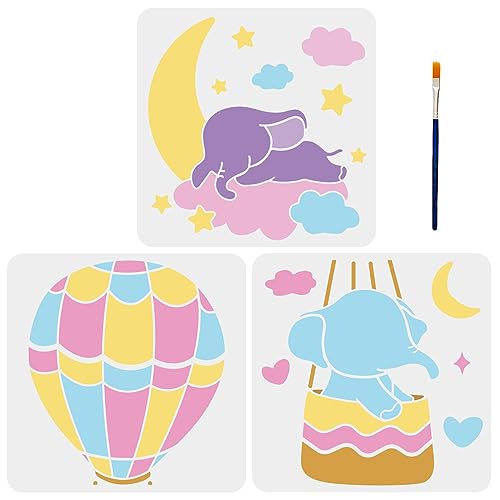 MAYJOYDIY 3pcs Baby Elefant Heißluftballon Schablonen Mond Wolke Stern Schlafender Elefant Wandschablonen Wiederverwendbare niedliche Tiervorlage mit Pinsel für DIY Holz Handwerk Wohnkultur von MAYJOYDIY