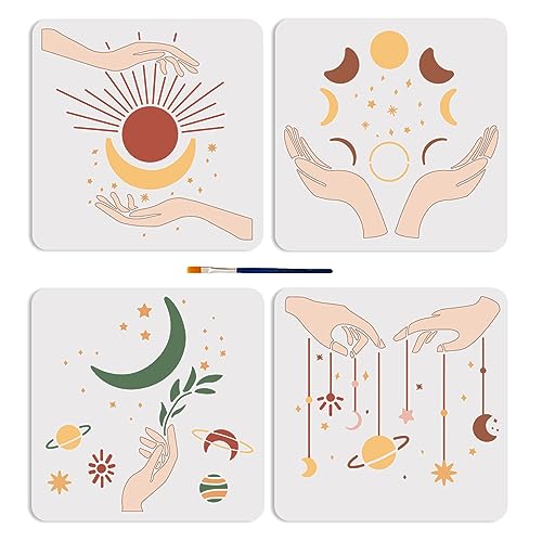 MAYJOYDIY 4 Stück Boho Sonne Mond Schablone Boho Sonnenaufgang Malschablonen Mit Mondphase Händen Planeten Sternen Vorlage Zum Malen 30×30cm Mit Pinsel Für Holz Wände Fenster Heimwerker Dekoration von MAYJOYDIY