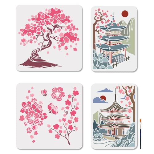 MAYJOYDIY 4 Stück Kirschblüten Baum Schablonen Set Japanische Tempel Malschablonen 30×30/29.7×21cm Wiederverwendbare Zeichenvorlage Mit Pinsel Für Fenster Holz Wände Heimdekoration von MAYJOYDIY