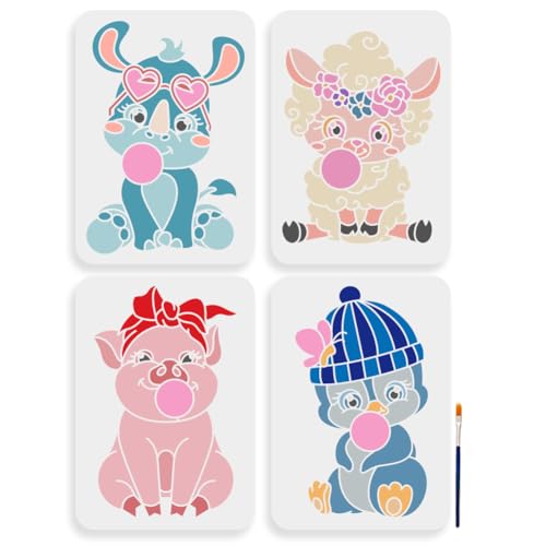 MAYJOYDIY 4 Stück Seifenblasen Tieren Schablone 29.7 × 21 cm Große Bauernhoftieren Zeichenschablone Süße Nashorn Pinguin Schwein Schaf Vorlage Für Heimwerkerarbeiten Leinwand Wände Heimdekoration von MAYJOYDIY