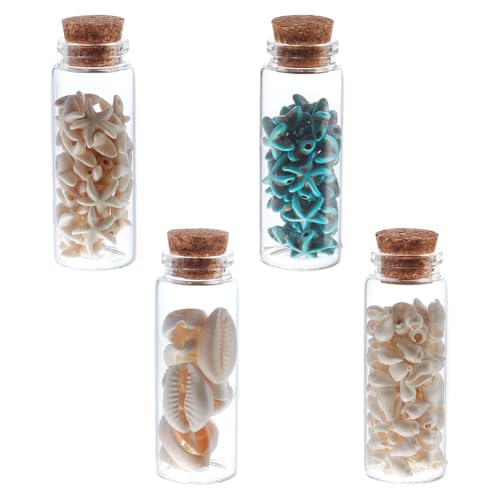 MAYJOYDIY 4 Stück Transparente Dekorative Flaschen Aus Glas Mit Meereselementen 7.5×2.7cm Muschel Seestern Kleine Glasflaschen Mit Muschel Für Nachrichten Wünsche Hochzeitsgeschenke Strandornamente von MAYJOYDIY
