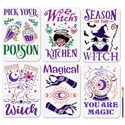 MAYJOYDIY 6 Stück Schablonen Zum Hexentag Hexenmagie Mondphasen Malschablonen 29.7 × 21cm Mit Pinsel Wiederverwendbare Vorlagen Zum Thema Magische Hexe Für Holz Wände Hausschilder Poster Dekoration von MAYJOYDIY
