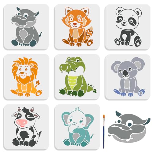 MAYJOYDIY 8 x Tierschablonen für Babys 20,3 x 20,3 cm mit Pinsel kleiner Panda Löwe Koala Kuh Elefant Schablone wiederverwendbar Tiermalschablonen für Holz Felsen Leinwand Stoff Glas DIY-MA0002-80 von MAYJOYDIY