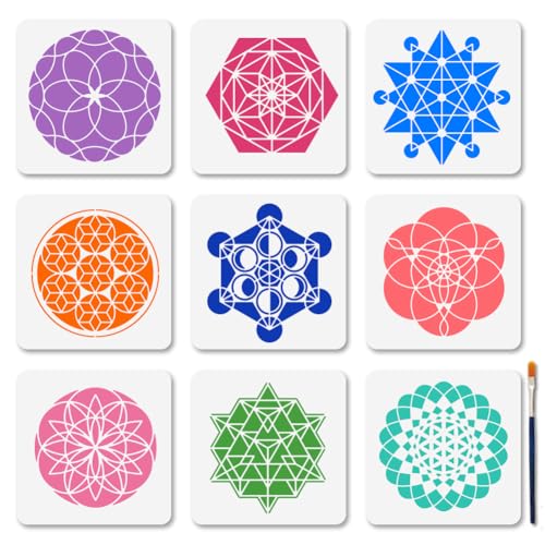 MAYJOYDIY 9 Stück Blumenschablonen Mit Heiliger Geometrie 15 × 15cm Kreis Stern Polygon Wiederverwendbare Schablonen Dreieck Mandala Blumen Zeichenvorlagen Mit Pinsel Für Holz Möbel Wände Leinwand von MAYJOYDIY