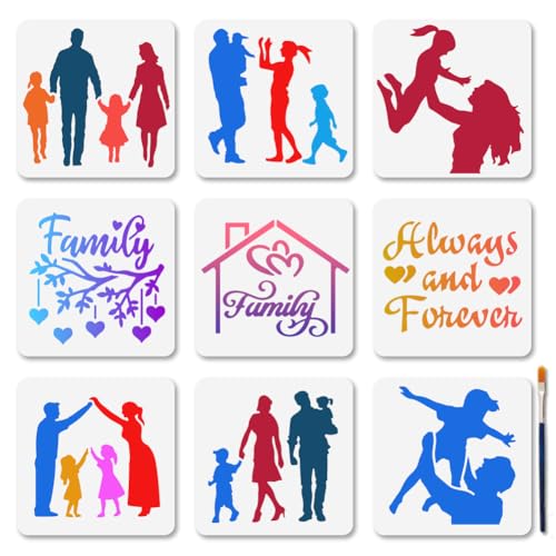 MAYJOYDIY 9 Stück Familienschablonen Familienfiguren Silhouetten Malschablonen 15×15cm Wiederverwendbare Eltern Sohn Tochter Vorlagen Mit Pinsel Für Holz Wände Fenster DIY Heimdekoration von MAYJOYDIY