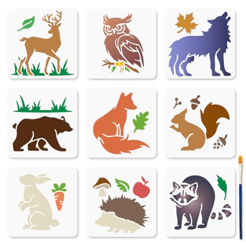 MAYJOYDIY 9 Stück Malschablonen Mit Waldtieren Hirsche Eulen Wölfe Vorlage 15 × 15cm Bär Fuchs Eichhörnchen Kaninchen Kunststoffschablone Mit Pinsel Für Holz Wände Fenster Heimwerkerarbeiten von MAYJOYDIY