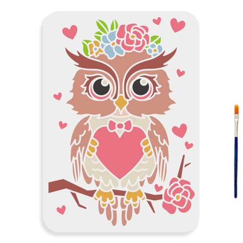 MAYJOYDIY Eule Frau Schablone 29.7×21cm Kunst Blume Herz Malschablonen Mit Pinsel Wiederverwendbare Eule Vogel Auf Ast Vorlage Zum Malen Für Holz Wände Fenster Heimwerker Dekoration von MAYJOYDIY
