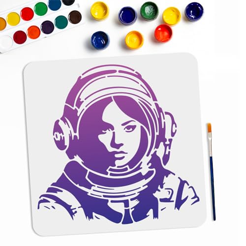 MAYJOYDIY Astronauten-Schablone für weibliche Astronauten, 30 x 29 cm, Raumfahrerin, Zeichenschablone mit Pinsel für Wände, Stoff, Möbel, Raumdekoration von MAYJOYDIY