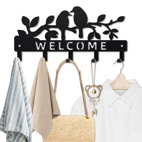 MAYJOYDIY Baumzweig Vogel Schlüsselhalter für Wand 25×12cm Willkommenstext Metall Kleiderhaken Wand mit 5 Haken Modern Schlüsselbrett für Flur, Eingangsbereich, Küche, Badezimmer (Schwarz) von MAYJOYDIY
