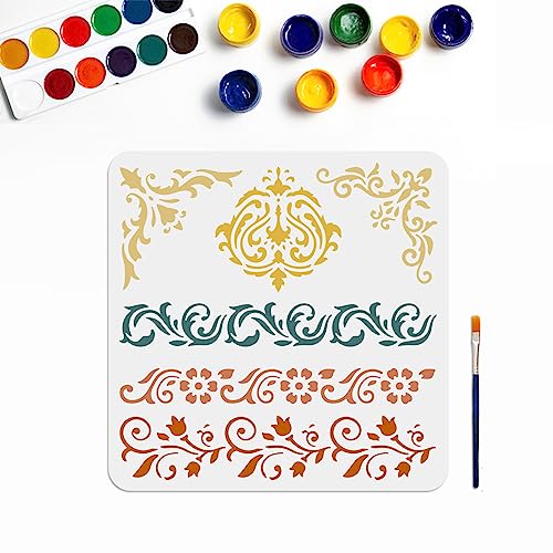 MAYJOYDIY Blumenrand Schablonen Verzierte Randschablone Blumenschablonen Vorlage 30 × 30cm Mit Pinsel Florale Rand Kuchendekorationsvorlage DIY Kunsthandwerk Für Holz Leinwand Papier Stoff von MAYJOYDIY
