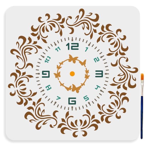 MAYJOYDIY Blumenuhr Schablone 30 × 30cm Große Blumenuhr Schablone Mit Pinsel Vintage Verzierte Uhr Schmetterlings Schablone Zum Bemalen von Möbeln Holz Leinwand Papier Wänden von MAYJOYDIY