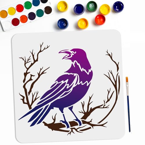 MAYJOYDIY Crow Branch Divination Schablonen 30 x 30 cm Großer Rabe auf Ast Schablonen mit Pinsel Primitive Vogel Zeichnung Vorlage für Holz Leinwand Möbel Handwerk Dekor von MAYJOYDIY