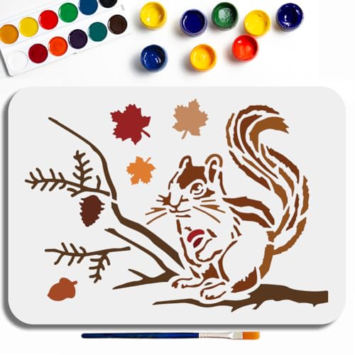 MAYJOYDIY Eichhörnchen Zweig Schablone 29.7×21 cm Große Herbst Ahornblätter Und Tannenzapfen Vorlage Mit Pinsel Waldtier Baumast Schablone Für Holz Stoff Wände Fenster Erntedankfest DIY Basteln von MAYJOYDIY