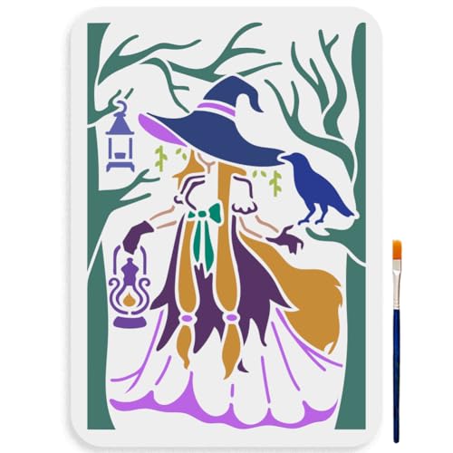 MAYJOYDIY Hexenwald Schablone 29.7×21cm Magischem Thema Malschablonen Mit Pinsel Retro Lichter Krähenwald Langhaarige Hexe Vorlage Zum Malen Für Holz Leinwand Papier Stoff Wanddekorationen von MAYJOYDIY