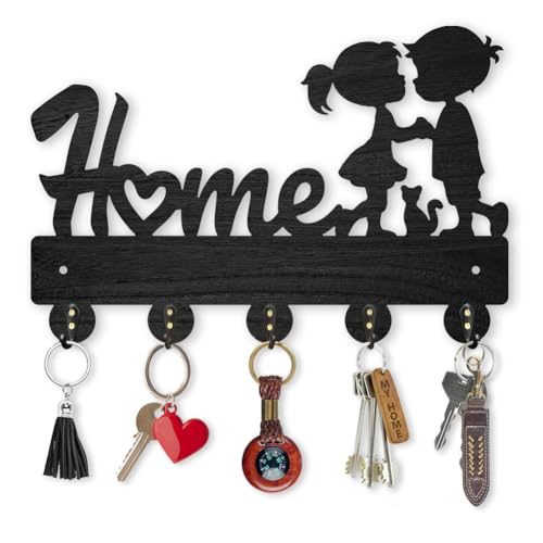 MAYJOYDIY Holz „Home“ Schlüsselbrett Wandmontage Huthaken In Kätzchen Liebesform 30 × 20cm Schwarzer Schlüsselhalter 5 Haken Aus Legierung Heimdekoration Eingangsbereich Küche Badezimmer Organizer von MAYJOYDIY