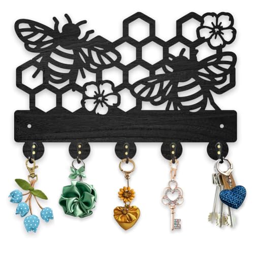 MAYJOYDIY Holz Bienen Blumen Schlüsselhaken für Wand 30x20cm Kleines Insekten Schlüsselbrett Schwarzer Schlüsselhalter Mit 5 Haken Aus Legierung Für Eingangsbereich Haustür Flur Organizer von MAYJOYDIY