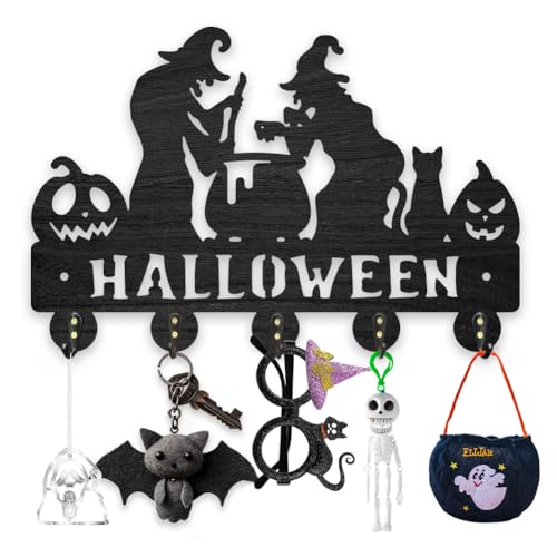 MAYJOYDIY Holz Halloween Hexe Schlüsselhaken für Wand 30x20cm Kürbis Zaubertrank Schlüsselhaken Organizer Schwarzer Schlüsselhalter Mit 5 Haken Aus Legierung Für Eingangsbereich Haustür Autoschlüssel von MAYJOYDIY