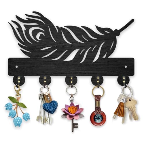 MAYJOYDIY Holz Pfauenfedern Schlüsselhaken Wandmontage Vogelfedern Schlüsselhänger 30 × 17.8cm Schwarzer Schlüsselhalter 5 Haken Aus Legierung Für Heimdekoration Geschenke Küche Badezimmer von MAYJOYDIY