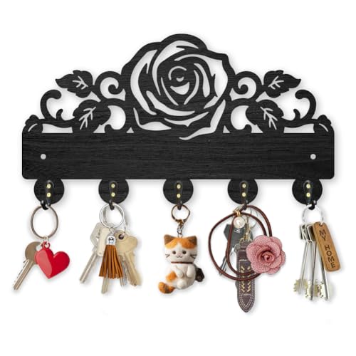 MAYJOYDIY Holz Rosenmotiv Schlüsselhaken 30×16.5cm Rosenranken Schlüsselbrett Wandmontage Mit 5 Legierung Haken Schwarzer Blumenmotiv Schlüsselhalter Für Eingangsbereich Haustür Küche Bürodekoration von MAYJOYDIY