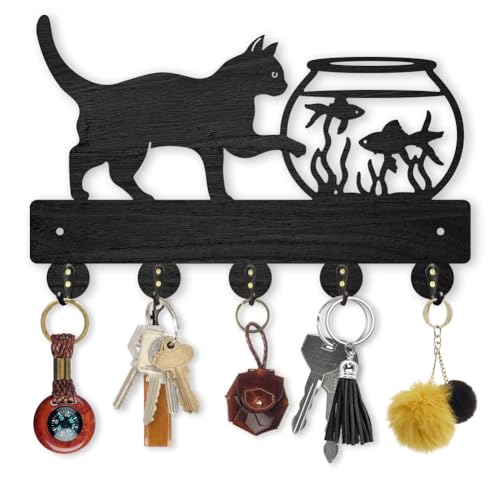 MAYJOYDIY Katzen Aquarium Holz Schlüsselhalter Für Wand Katzenmotiv Schlüsselbrett 30×19.4cm Mit 5 Metallhaken Wandaufhänger Goldfischhalter als Geschenk Zuhause Küche von MAYJOYDIY