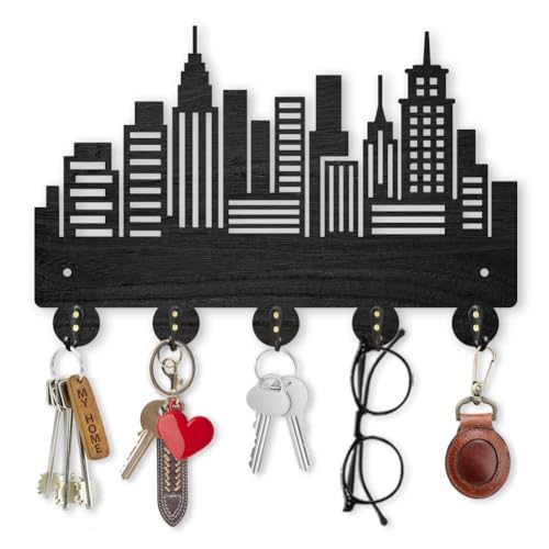 MAYJOYDIY Holz Stadtgarderobe Wandhalterung 30 x 20 cm Stadtgebäude Wandkunst Dekor Schlüsselhalter 5 Haken Aus Legierung Schwarze Haken Wandhaken Für Eingangsbereich Wohnzimmer Schlafzimmer Geschenk von MAYJOYDIY