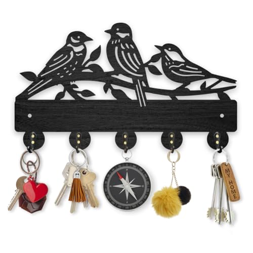 MAYJOYDIY Holz Vogelform Kleiderhaken Baumast Schlüsselhalter Wandhalterung 30 x 17.2 cm Schwarzes Tier Wanddekor Schlüsselhaken 5 Haken Aus Legierung als Eingangsbereich Wohnzimmer Küche Büro von MAYJOYDIY