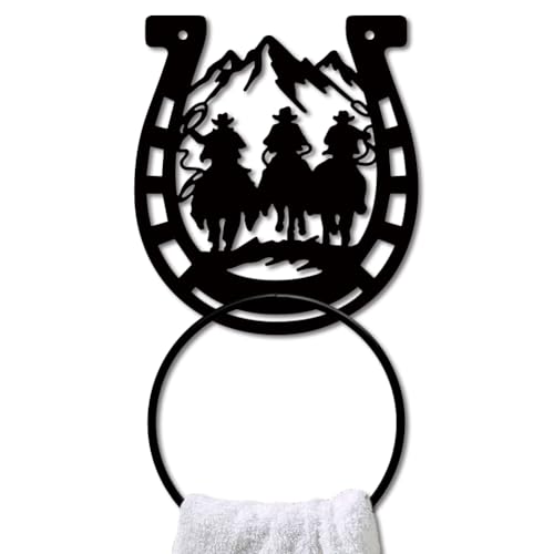 MAYJOYDIY Hufeisenform Metall Handtuchring Cowboy Pferd Form Handtuchring Schwarzer Kunst Handtuchhalter Wandmontage Berg Für Badezimmer Küchenhandtuchhalter Heimdekoration Geschenk von MAYJOYDIY