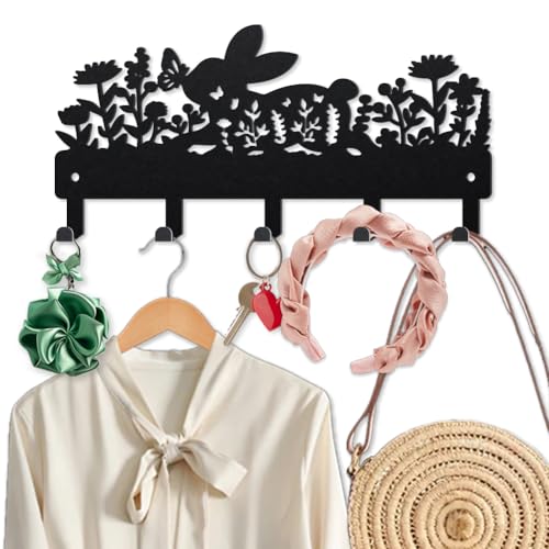 MAYJOYDIY Kaninchenmotiv Schlüsselhalter für Wand 25×12cm Blühender Schmetterling Metall Kleiderhaken Wand mit 5 Haken Modern Schlüsselbrett für Flur, Eingangsbereich, Küche, Badezimmer (Schwarz) von MAYJOYDIY