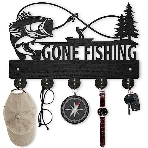 MAYJOYDIY Kleiderhaken In Fischform Wandmontage Wandgarderobe Aus Holz GONE FISHING Schlüsselhalter 5 Metallhaken Kleider/Hutablage 30×20cm Heimkunstdekor Wandhaken Für Flur Eingangsbereich Küche von MAYJOYDIY