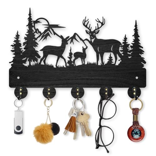 MAYJOYDIY Kleiderhaken Mit Hirsch Motiv Aus Holz Bergwald Zur Wandmontage 30x20cm Selbstklebend Schlüsselhalter Mit Waldtieren 5 Haken Aus Metalllegierung Schwarze Wandkunst Für Eingangsbereich von MAYJOYDIY