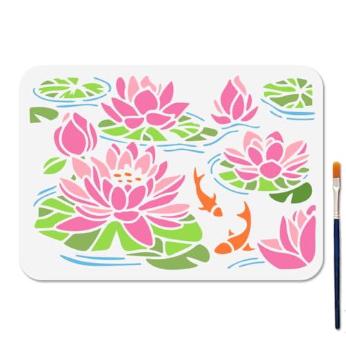 MAYJOYDIY Lotusteich Schablone Koiteich Kunstschablonen 29.7 × 21cm Wiederverwendbare Lotusblätter Bastelschablonen Mit Pinsel Blumenpflanzen Vorlage Zum Basteln Auf Fenster Holz Wand Heimdekoration von MAYJOYDIY