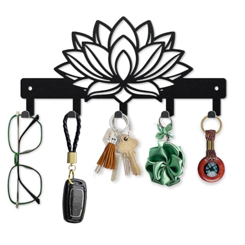 MAYJOYDIY Moderner Lotus Schlüsselhalter Zur Wandmontage 25 × 12cm Ausgehöhlte Blütenblätter Handtuchhaken Aus Metall Mit 5 Haken Schwarze Wanddekor Schlüsselbrett Für Eingangsbereich Flur Küche Büro von MAYJOYDIY