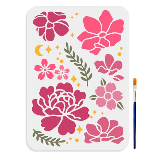 MAYJOYDIY Pfingstrosen Kirschblüten Schablone 29.7 × 21cm Blühende Pfingstrosen Blumenschablonen Mit Pinsel Frühling Natur Blume Mond Stern Zweig Vorlagen Für Holz Leinwand Papier Stoff Wand Glas von MAYJOYDIY