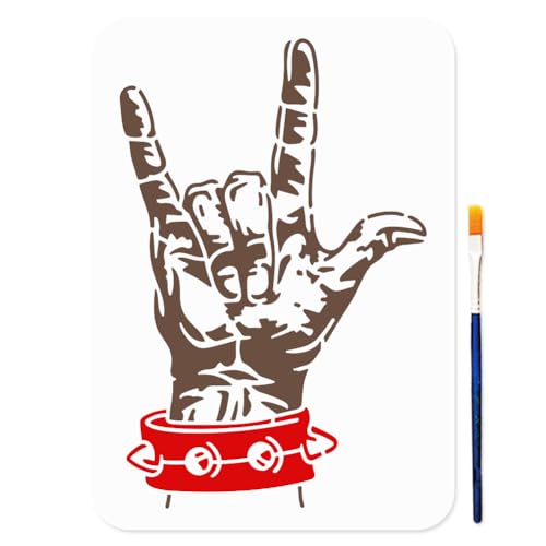 MAYJOYDIY Rock Roll Schablone Rock Gesten Schablonen Mit Pinsel 29.7 × 21cm Nietenarmband Wiederverwendbare Zeichenvorlagen Zum Basteln Auf Fenster Holz Wand Heimdekoration von MAYJOYDIY