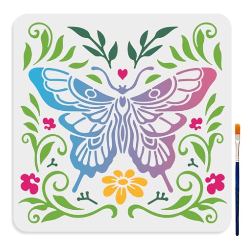 MAYJOYDIY Schmetterlings Pflanzen Schablonen 30 × 30cm Groß Schmetterling Blume Gras Schablone Mit Pinsel Frühlingsblume Schmetterlinge Vorlage Zum Basteln Holz Wand Stoff Papier Möbel von MAYJOYDIY