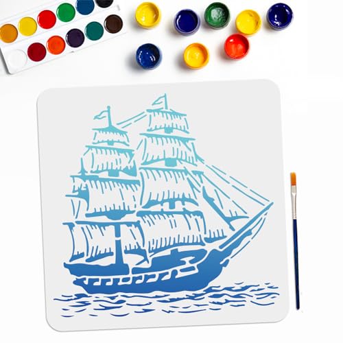 MAYJOYDIY Segelboot-Nautische Schablone 30 x 30 cm Großes Boot Meereswellen-Muster Wiederverwendbare Schablone mit Pinsel für DIY Segelboot Handwerk Wand Holz Leinwand Papier von MAYJOYDIY