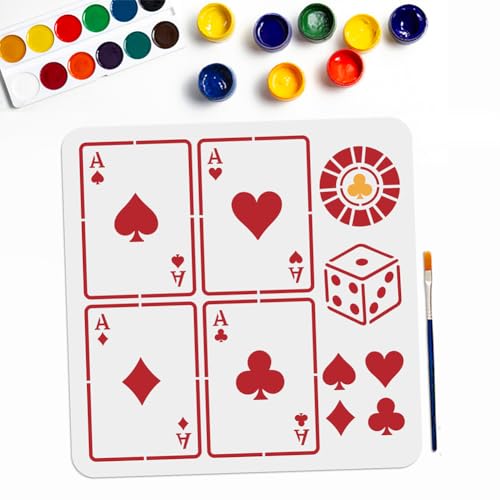 MAYJOYDIY Spielkarten Würfel Schablone Herz Kreuz Malschablone 30×30cm Mit Pinsel Karo Pik Eine Vorlage Zum Malen Zeichenvorlage für Wandmalerei, Möbelgestaltung und Geschenkideen von MAYJOYDIY