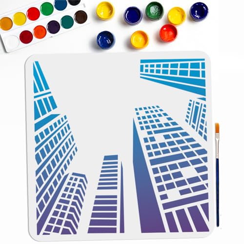 MAYJOYDIY Schablonen Wolkenkratzer Stadtsilhouette & Architekturmuster 30×30cm Mit Pinsel Stadtbild Mit Blick Nach Oben Auf Hohe Gebäude Vorlagen für Möbel-Upcycling und Wandpaneele von MAYJOYDIY