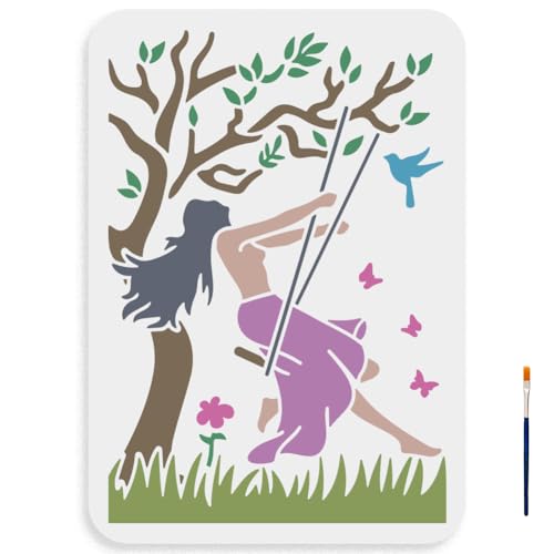 MAYJOYDIY Swing Girl Schablonen 30 x 22 cm, unter Baum, Mädchen auf Schaukel, Schablone mit Pinsel, großer Schmetterling, Vogel, Wiese, Zeichenschablone für Stoffwände, Möbel, Holz, Leinwand von MAYJOYDIY