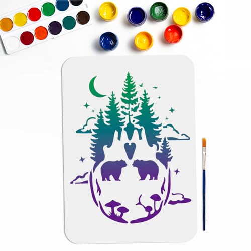 MAYJOYDIY Totenkopf Wald Pilz Schablone 29.7 × 21cm Pilz Totenkopf Schablonen Wiederverwendbar Bär Baum Mond Stern Zeichenvorlage Mit Pinsel Für Kunsthandwerk Leinwand Möbel Wand Holz von MAYJOYDIY