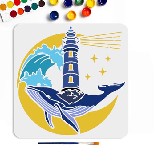 MAYJOYDIY Wal Leuchtturm Schablonen 30×30cm Groß Sommer Meer Ozean Schablone Mit Pinsel Wiederverwendbar Nautisch Mond Stern Meer Wellen Vorlage Für Heimwerkerarbeiten Leinwand Wände Heimdekoration von MAYJOYDIY