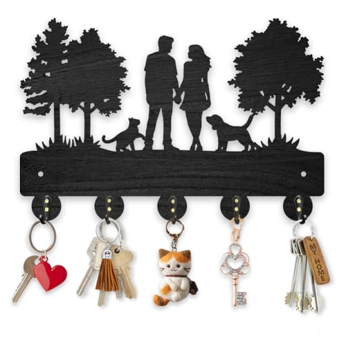 MAYJOYDIY Wandgarderobe für Paare, Katzen, Hunde, Holz, Familienschlüsselaufhänger für die Wand, 30 x 19 cm, Baum, Tier, Haustier-Schlüsselhalter, Schlüsselhalter, 5 Haken aus Legierung, Schwarz, von MAYJOYDIY