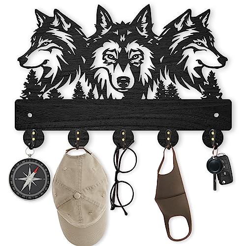 MAYJOYDIY Wolf Wandhalterung Garderobe Wolf Wald Wandgarderobe Holz Kleiderhaken Wolf Schlüsselhaken 5 Metallhaken 30 x 20 cm Wolf Wandhaken Geschenk zum Aufhängen von Hut, Tasche, Handtuch von MAYJOYDIY