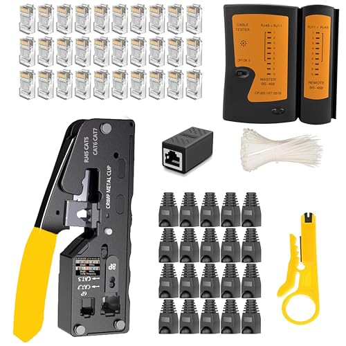 MAYLINE RJ45 RJ11 Cat5 Cat6 Netzwerk-Tester Netzwerkkabel-Kits, Drahtcrimper mit 50-teiligem Kristallverbinder-Werkzeugsatz, Datendetektor-Abisolierer (Gelb) von MAYLINE-TECH